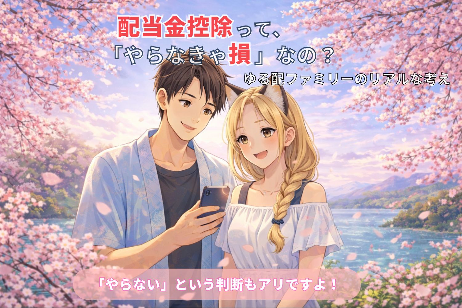 配当金控除をテーマに、桜の季節に資産と向き合うゆる配夫婦を描いたイメージイラスト