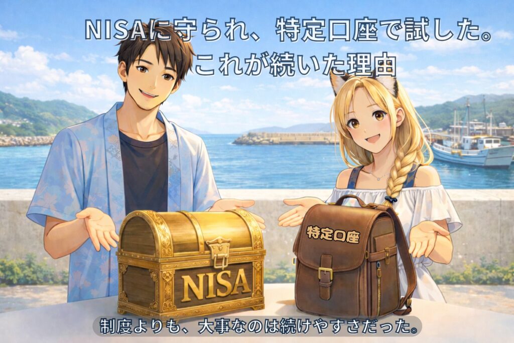 新NISAと特定口座を併用し、長期投資と配当を続ける夫婦のイメージイラスト。日本株投資の使い分けを表現している。