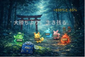 森の中の鳥居と日本のお守り、銘柄番号を持つ妖精たちを描いた日本株投資の生存設計を象徴するイラスト