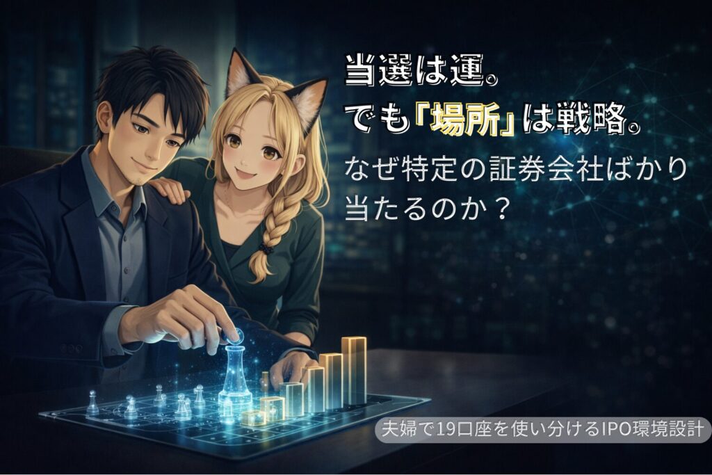 IPO投資をテーマに、未来を見比べるゆる配夫婦のイメージイラスト