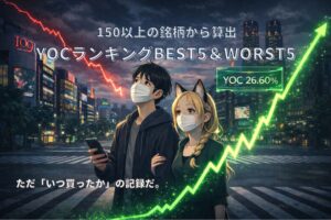 日本株配当のYOCランキングをテーマに、コロナ禍の東京の空を見上げる配夫婦のイメージイラスト