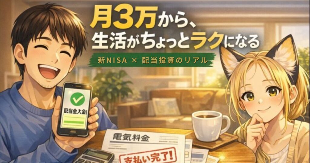 新NISAと日本株配当投資をテーマに、将来を考えるゆる配夫婦のイメージイラスト